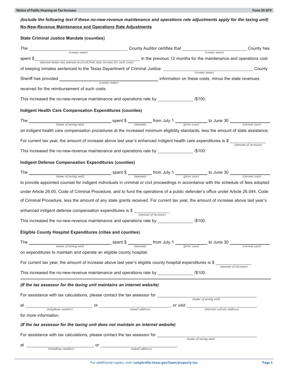 Form 50-879 Notice of Public Hearing on Tax Increase - Proposed Rate Exceeds No-New-Revenue and Voter-Approval Tax Rate, but Not De Minimis Rate - Texas, Page 3
