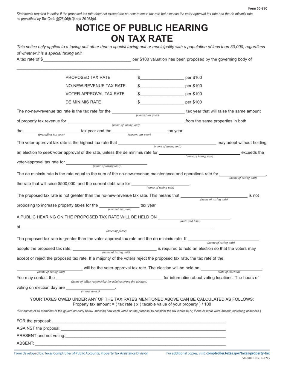 Form 50-880 Notice of Public Hearing on Tax Rate - Proposed Rate Does Not Exceed No-New-Revenue Tax Rate, but Exceeds Voter-Approval Tax Rate; De Minimis Rate Exceeds Voter-Approval Tax Rate - Texas, Page 1
