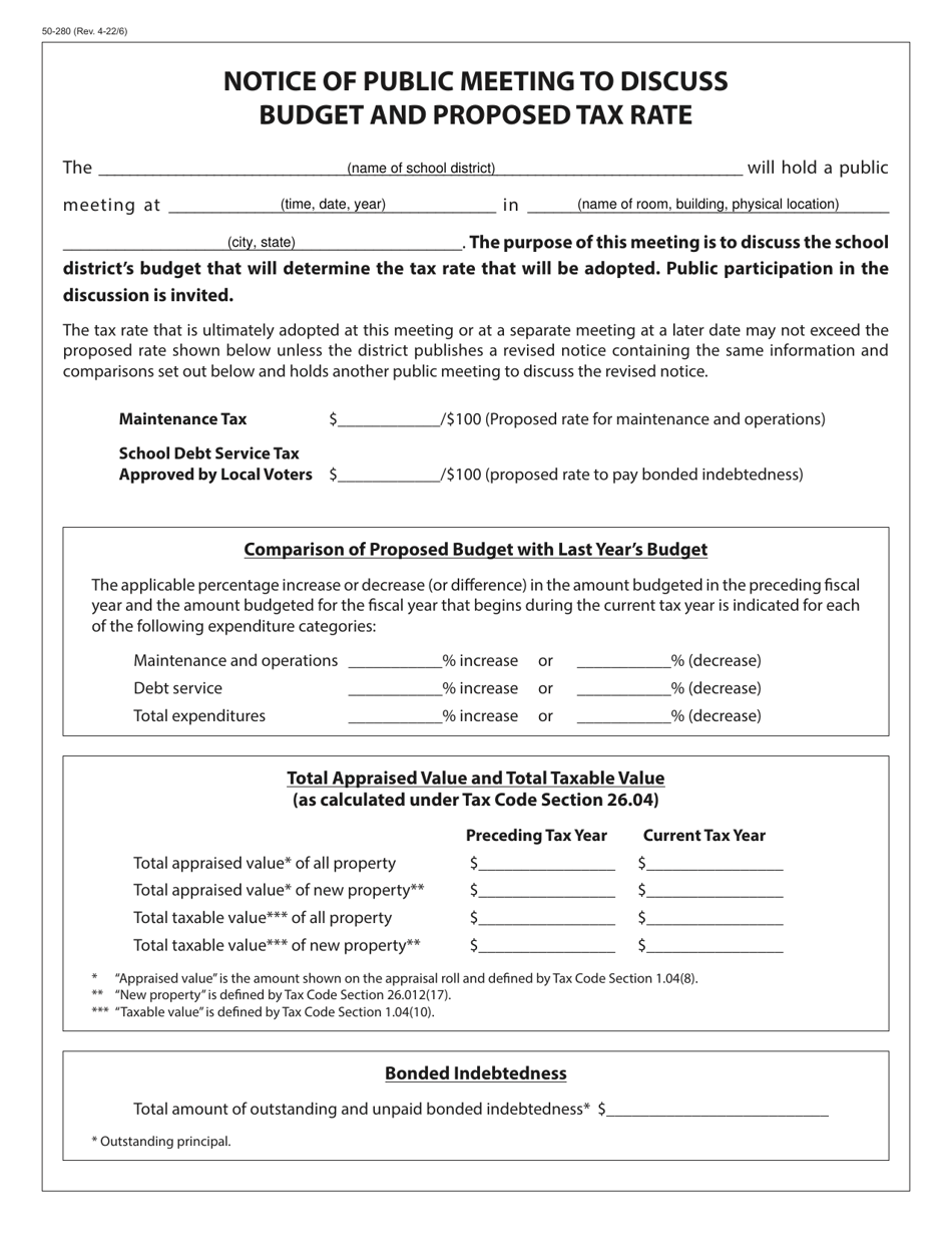 Form 50-280 Notice of Public Meeting to Discuss Budget and Proposed Tax Rate - Texas, Page 1