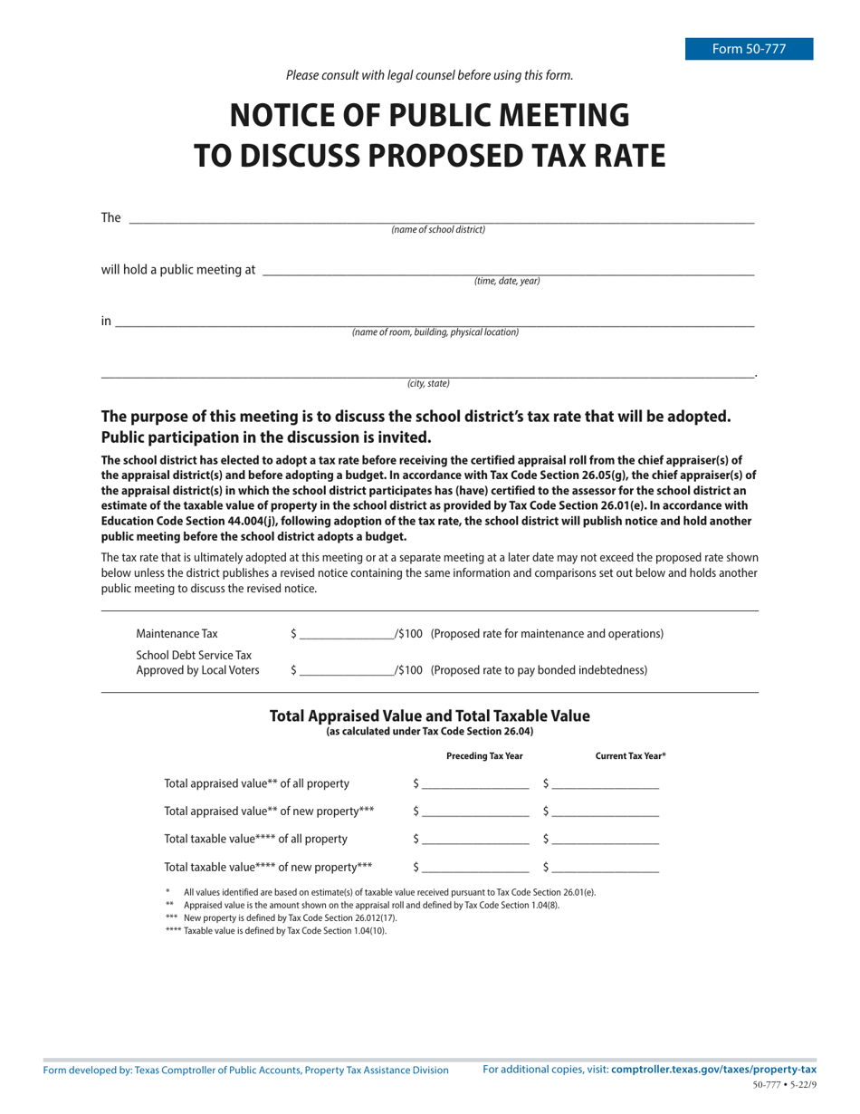 Form 50-777 Notice of Public Meeting to Discuss Proposed Tax Rate - Texas, Page 1
