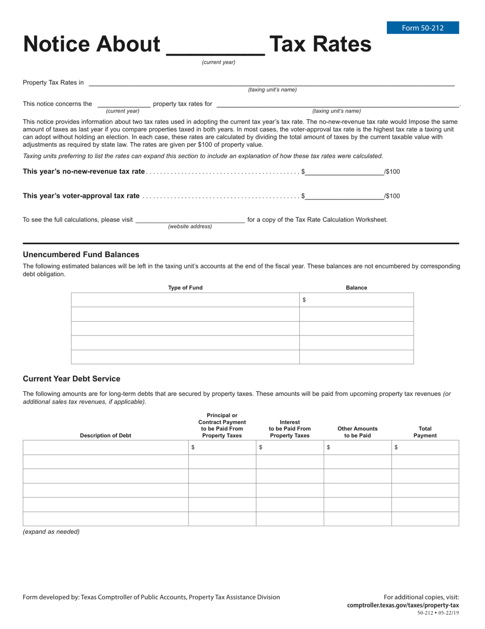 Form 50-212 Notice of Tax Rates - Texas, Page 1