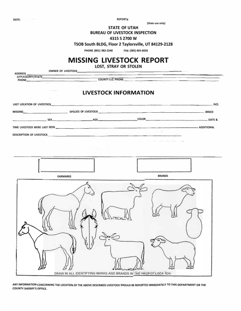 Missing Livestock Report - Lost, Stray or Stolen - Utah Download Pdf
