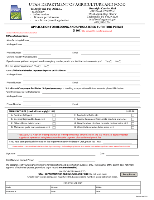 Application for Bedding and Upholstered Furniture Permit (1101) - Utah Download Pdf