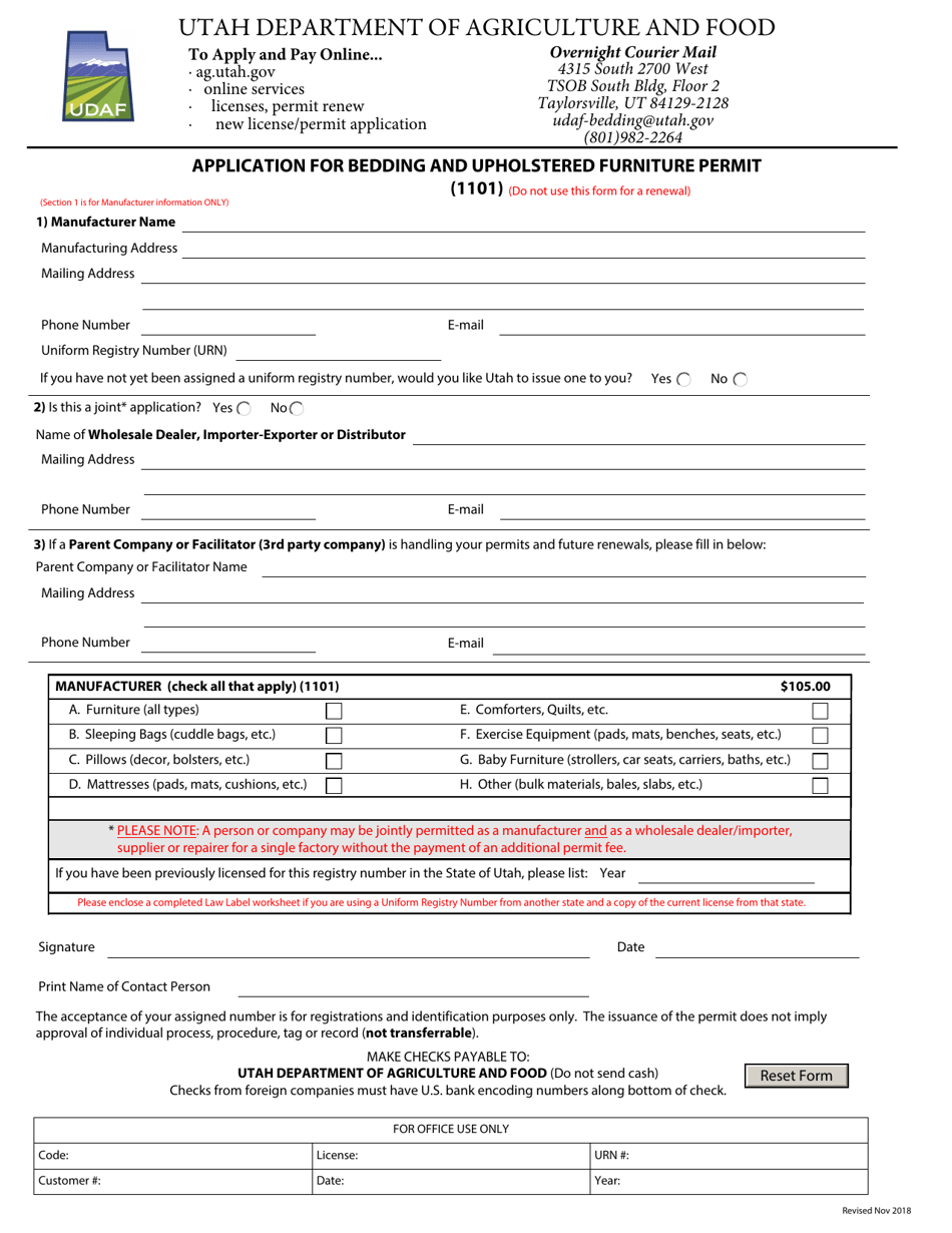 Application for Bedding and Upholstered Furniture Permit (1101) - Utah, Page 1