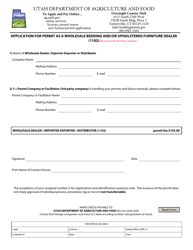 Document preview: Application for Permit as a Wholesale Bedding and/or Upholstered Furniture Dealer (1102) - Utah