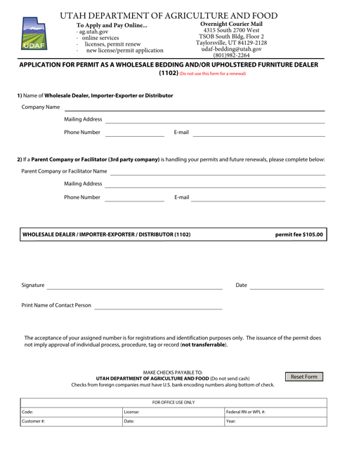 Application for Permit as a Wholesale Bedding and/or Upholstered Furniture Dealer (1102) - Utah Download Pdf