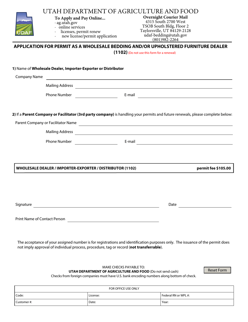 Utah Application for Permit as a Wholesale Bedding and/or Upholstered