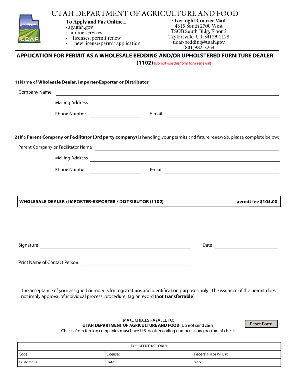 Application for Permit as a Wholesale Bedding and/or Upholstered Furniture Dealer (1102) - Utah, Page 1