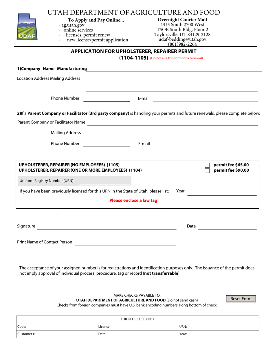 Form 1104-1105 Application for Upholsterer, Repairer Permit - Utah, Page 1