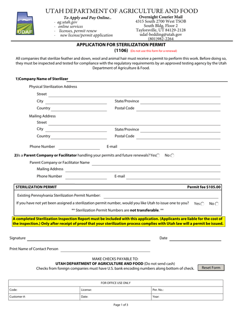 Form 1106 Application for Sterilization Permit - Utah