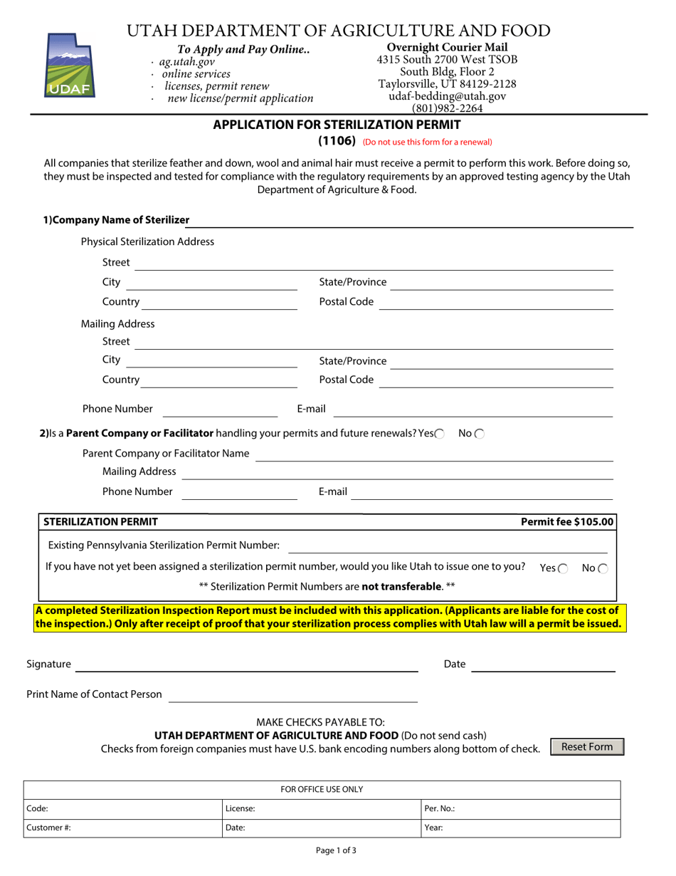 Form 1106 Application for Sterilization Permit - Utah, Page 1