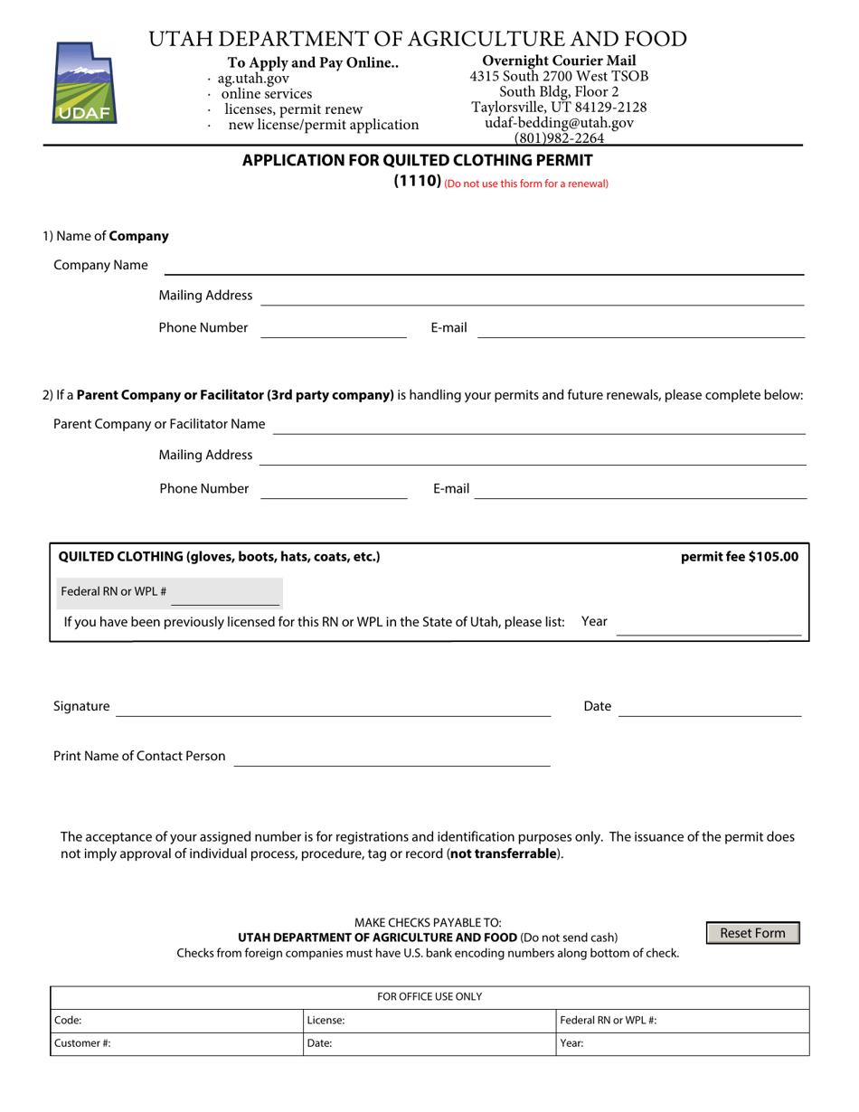 Form 1110 Application for Quilted Clothing Permit - Utah, Page 1