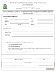 Form 2103 &quot;Application for License to Hold a Temporary Horse Consignment Sale&quot; - Utah