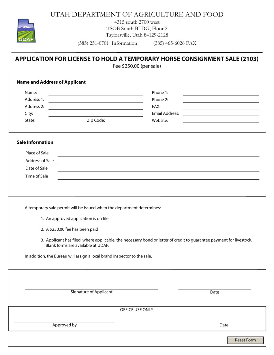 Form 2103 Application for License to Hold a Temporary Horse Consignment Sale - Utah, Page 1