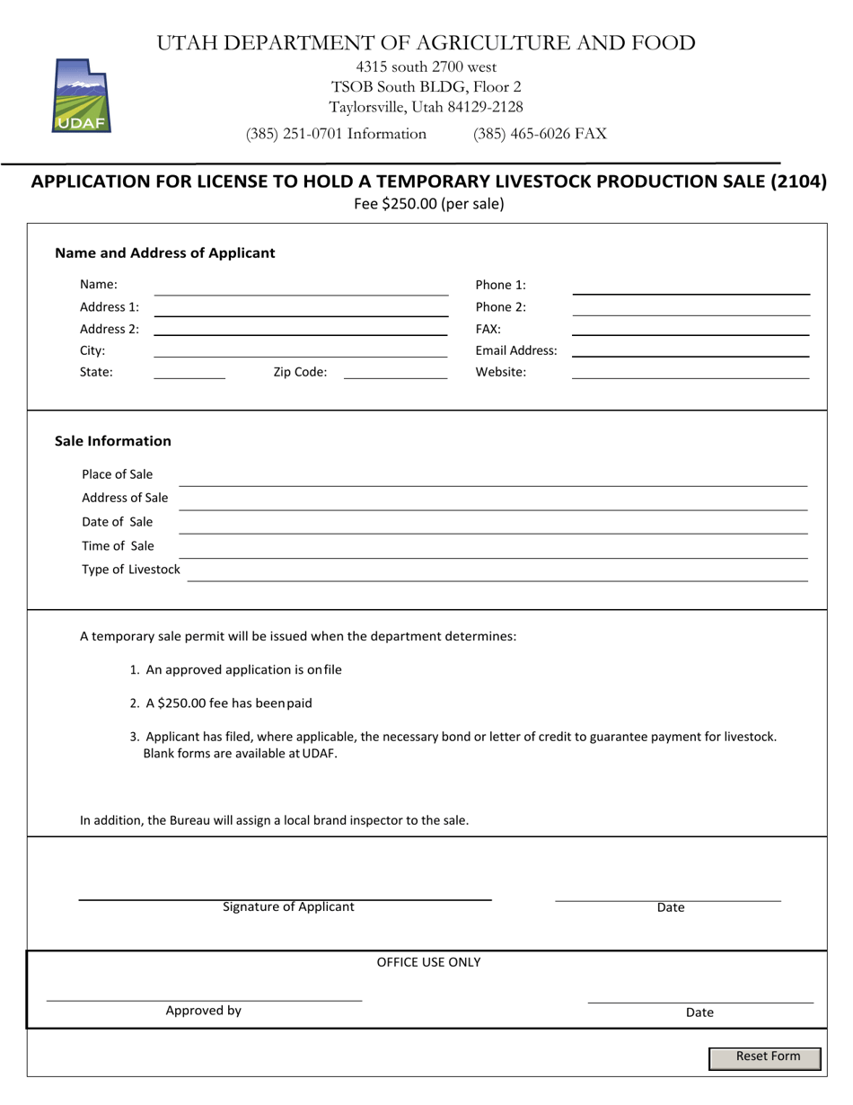 Form 2104 Application for License to Hold a Temporary Livestock Production Sale - Utah, Page 1
