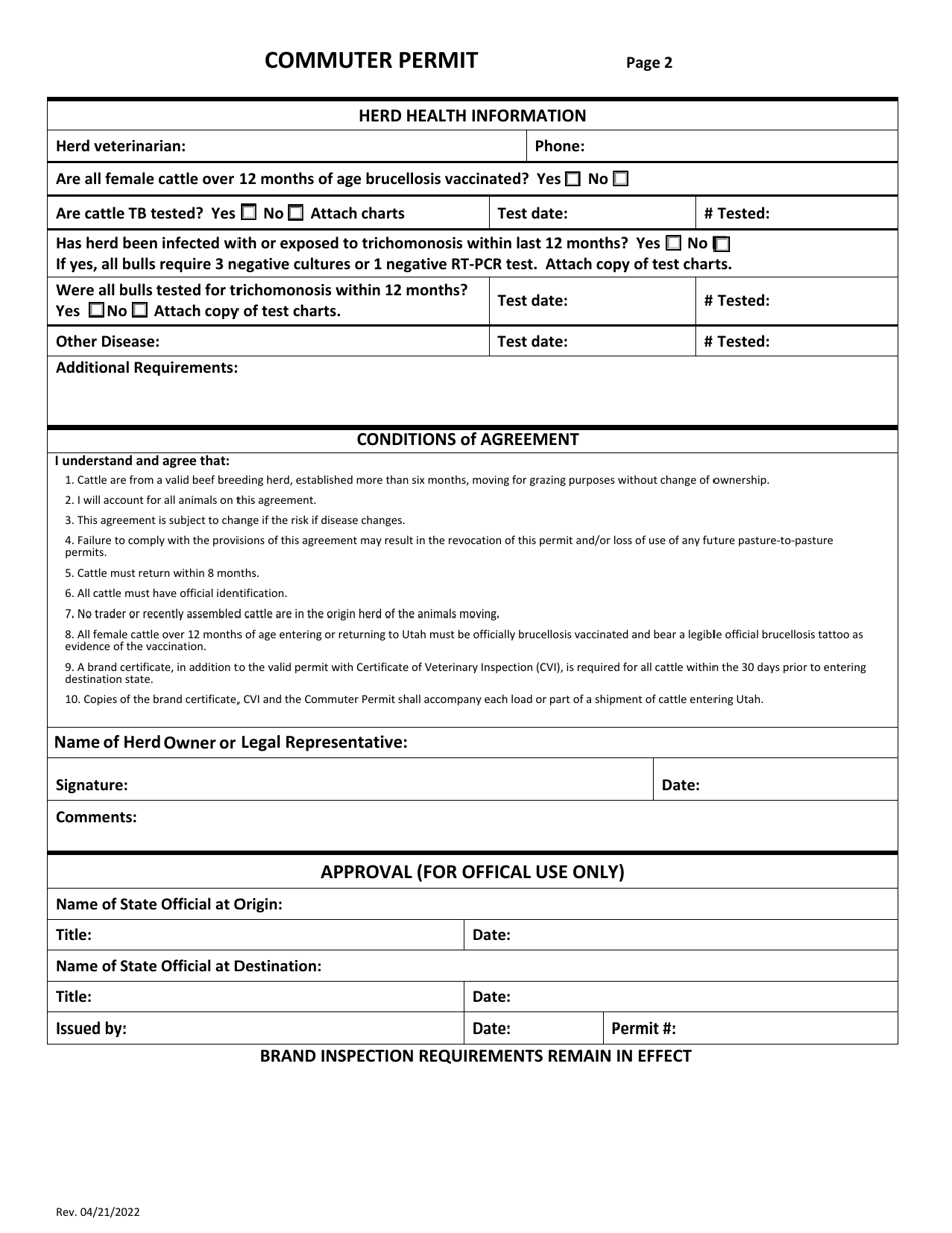 Utah Commuter Permit for a Beef Breeding Herd Download Fillable PDF ...