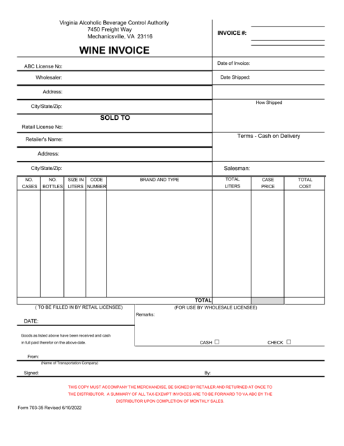 Form 703-35 Wine Invoice - Virginia