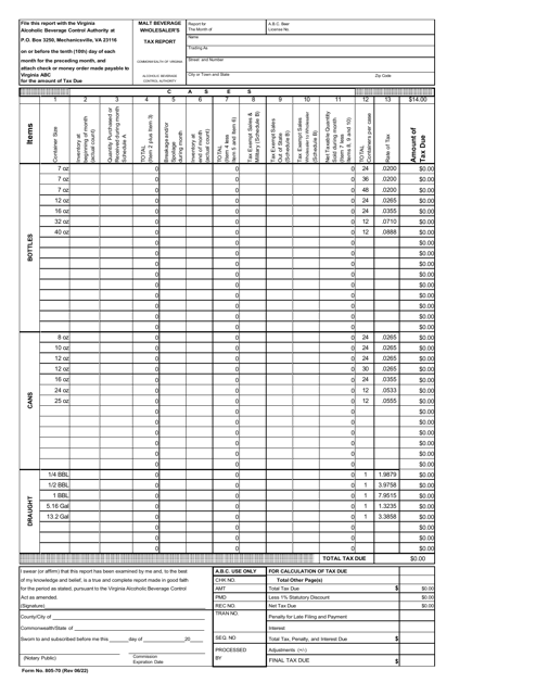 Form 805-70 Malt Beverage Wholesaler&#039;s Tax Report - Virginia