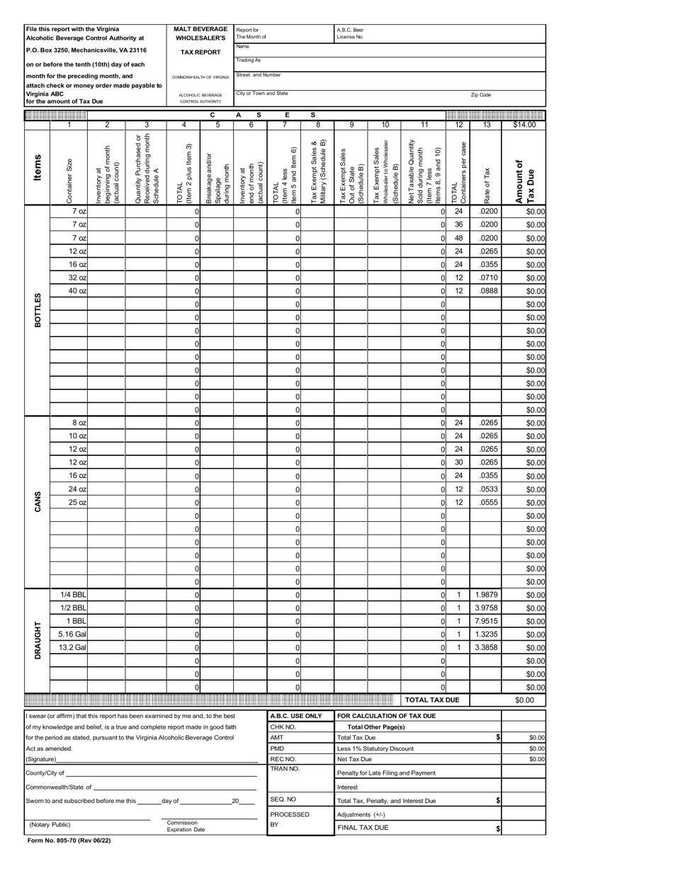 Form 805-70 Malt Beverage Wholesaler's Tax Report - Virginia, Page 1