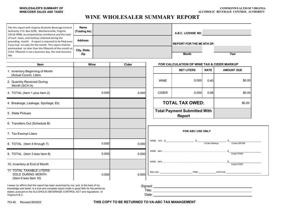 Form 703-40 Wine Wholesaler Summary Report - Virginia, Page 1