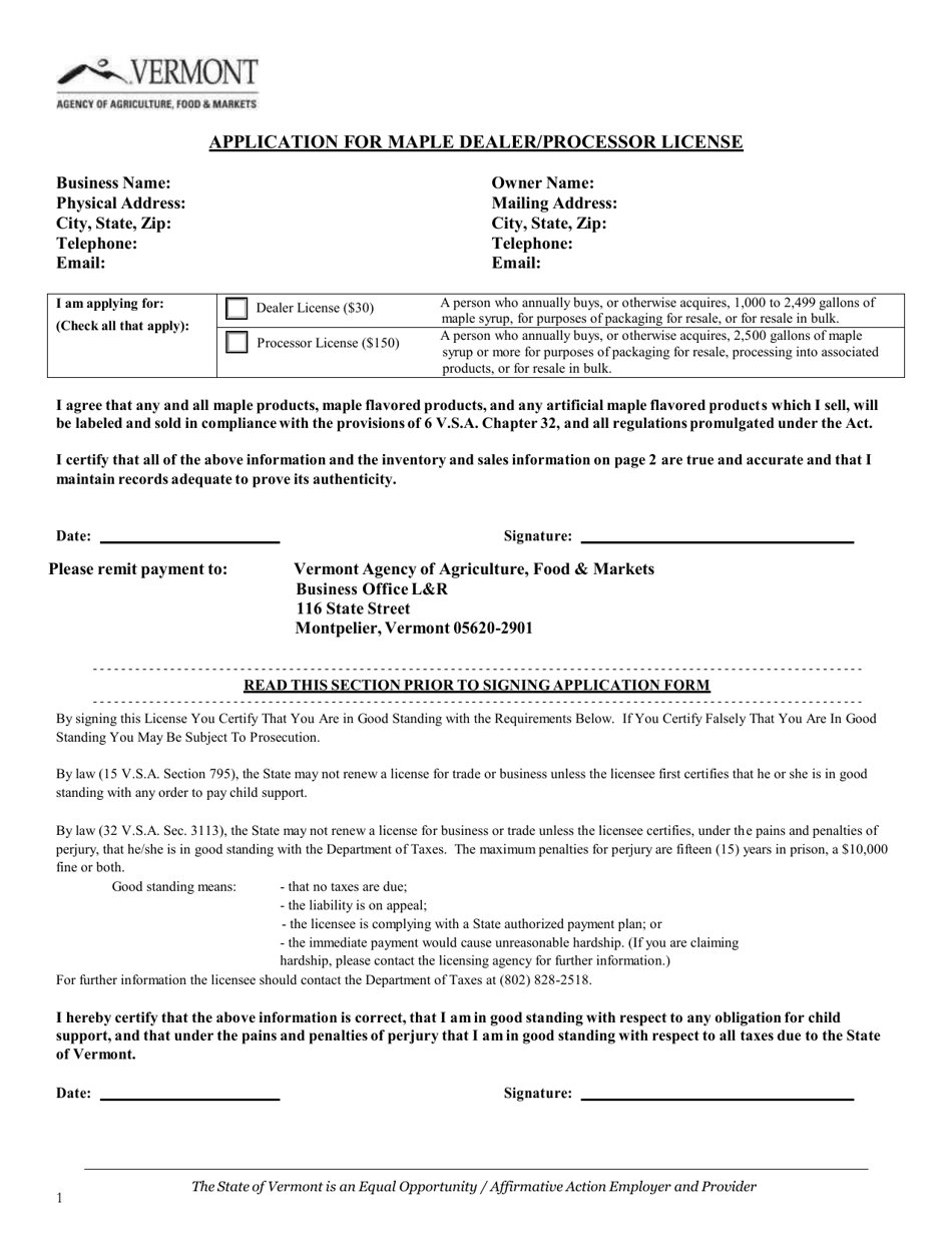 Application for Maple Dealer / Processor License - Vermont, Page 1