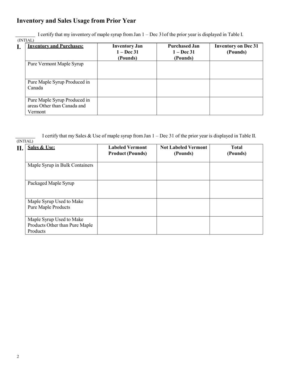 Application for Maple Dealer / Processor License - Vermont, Page 2