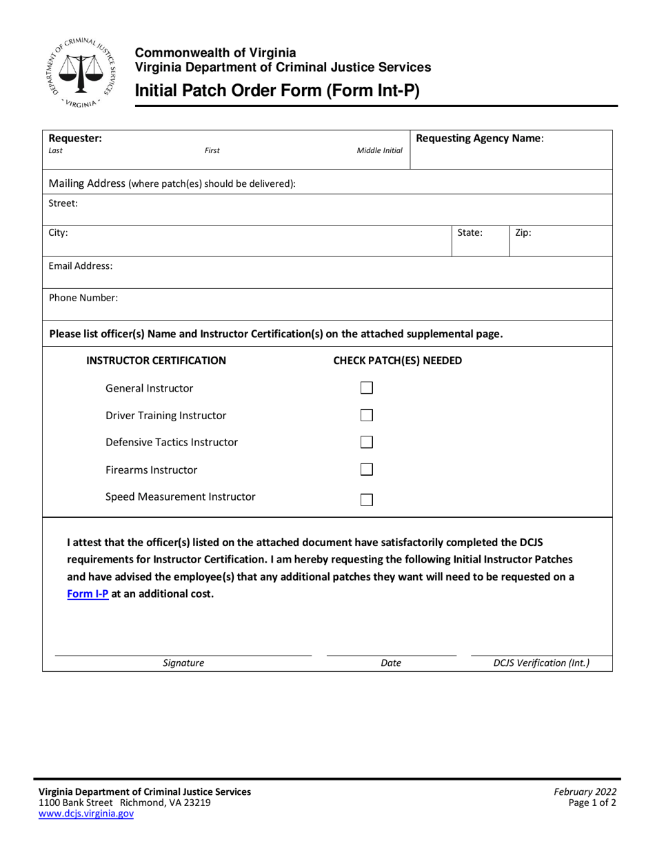 Form INT-P Initial Patch Order Form (Form Int-P) - Virginia, Page 1