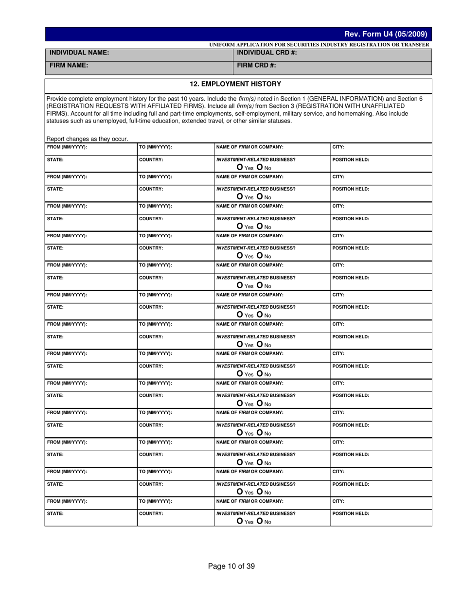 Form U4 Uniform Application for Securities Industry Registration or Transfer, Page 10