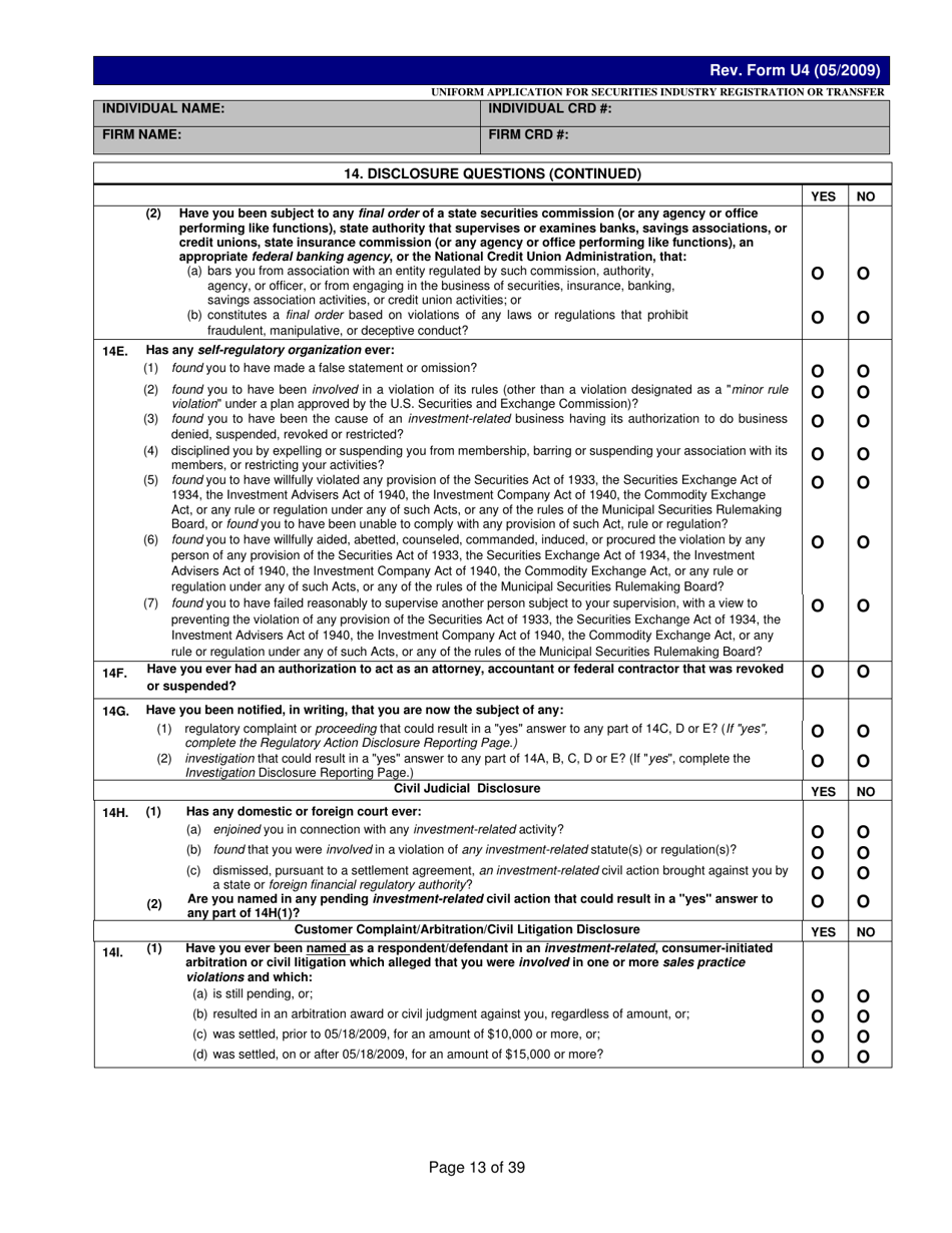Form U4 Uniform Application for Securities Industry Registration or Transfer, Page 13