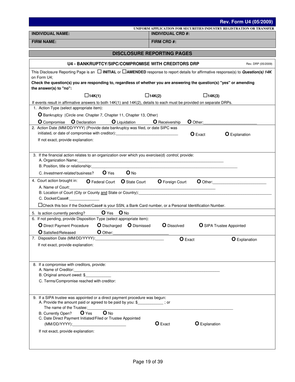 Form U4 Uniform Application for Securities Industry Registration or Transfer, Page 19