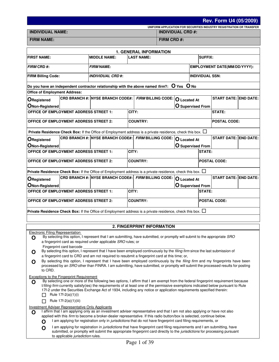 Form U4 Uniform Application for Securities Industry Registration or Transfer, Page 1