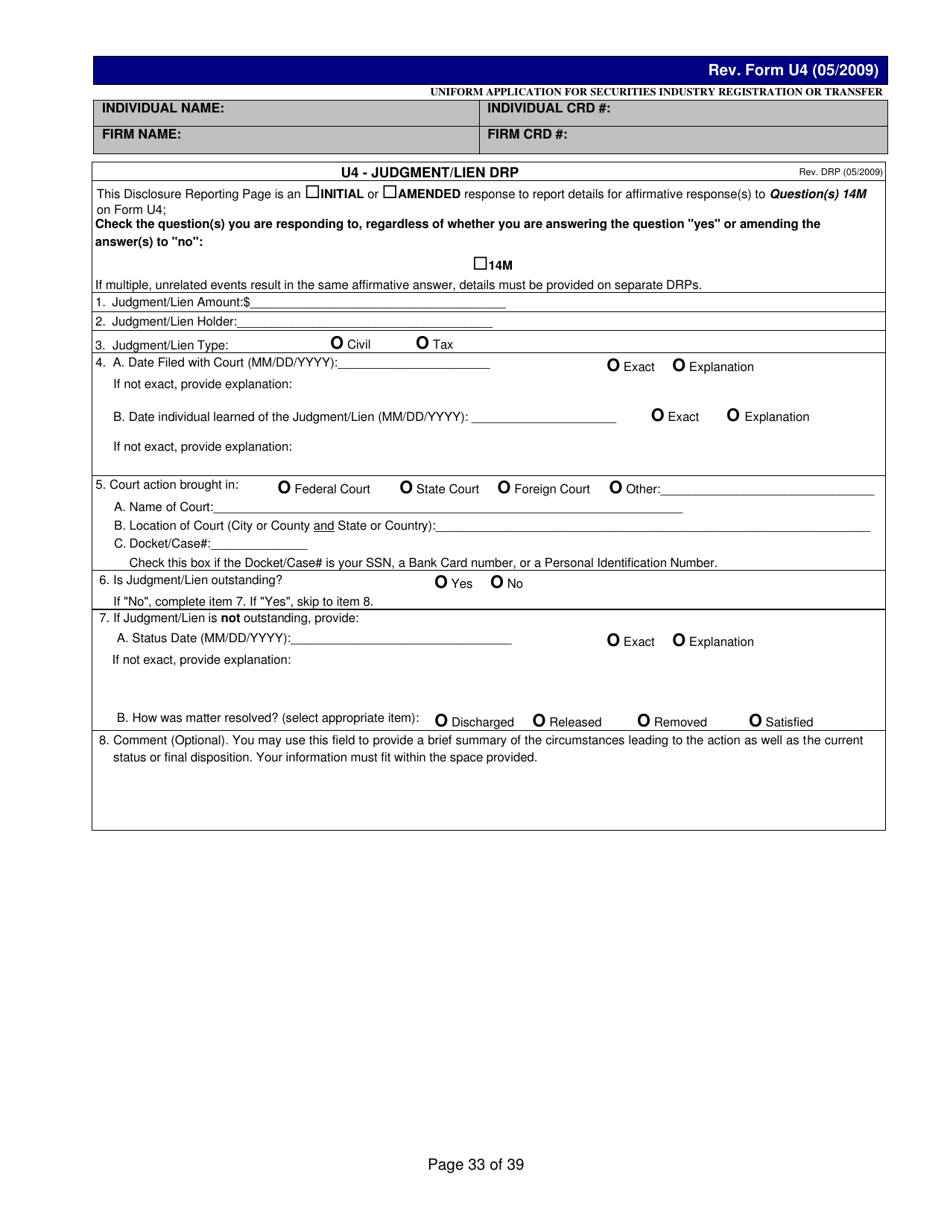 Form U4 Uniform Application for Securities Industry Registration or Transfer, Page 33