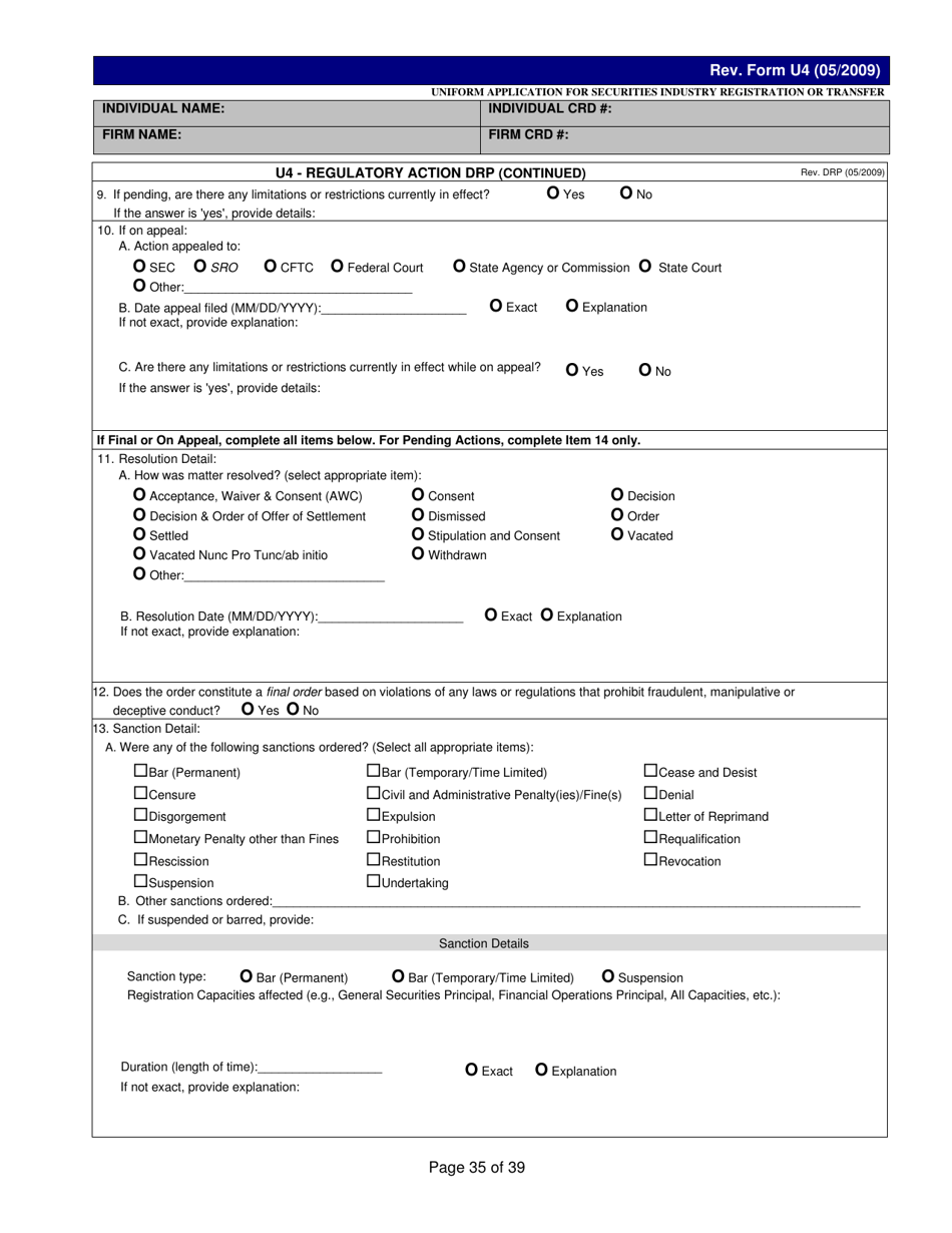 Form U4 Uniform Application for Securities Industry Registration or Transfer, Page 35