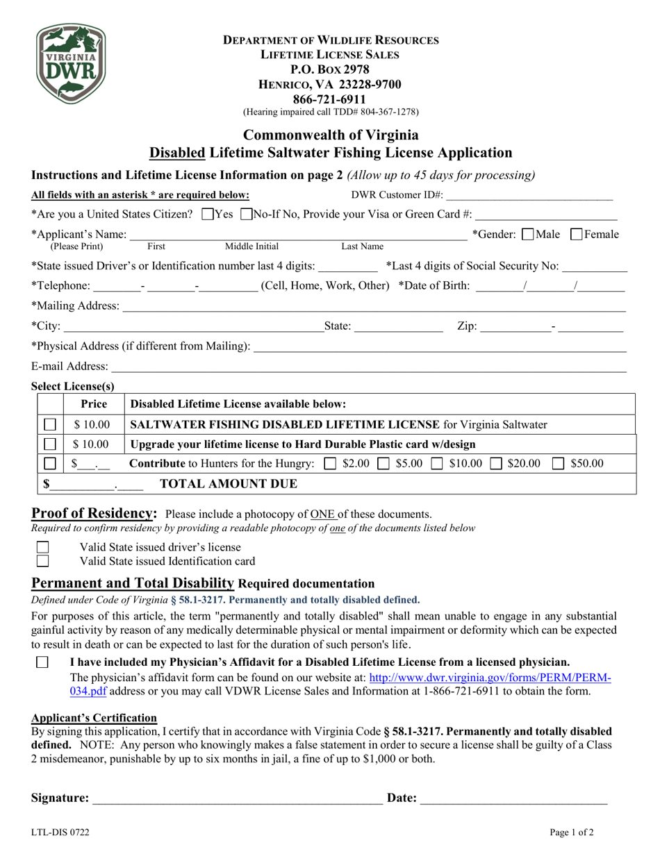 Form LTL-DIS0722 Non-resident Disabled Lifetime Saltwater Fishing License Application - Virginia, Page 1