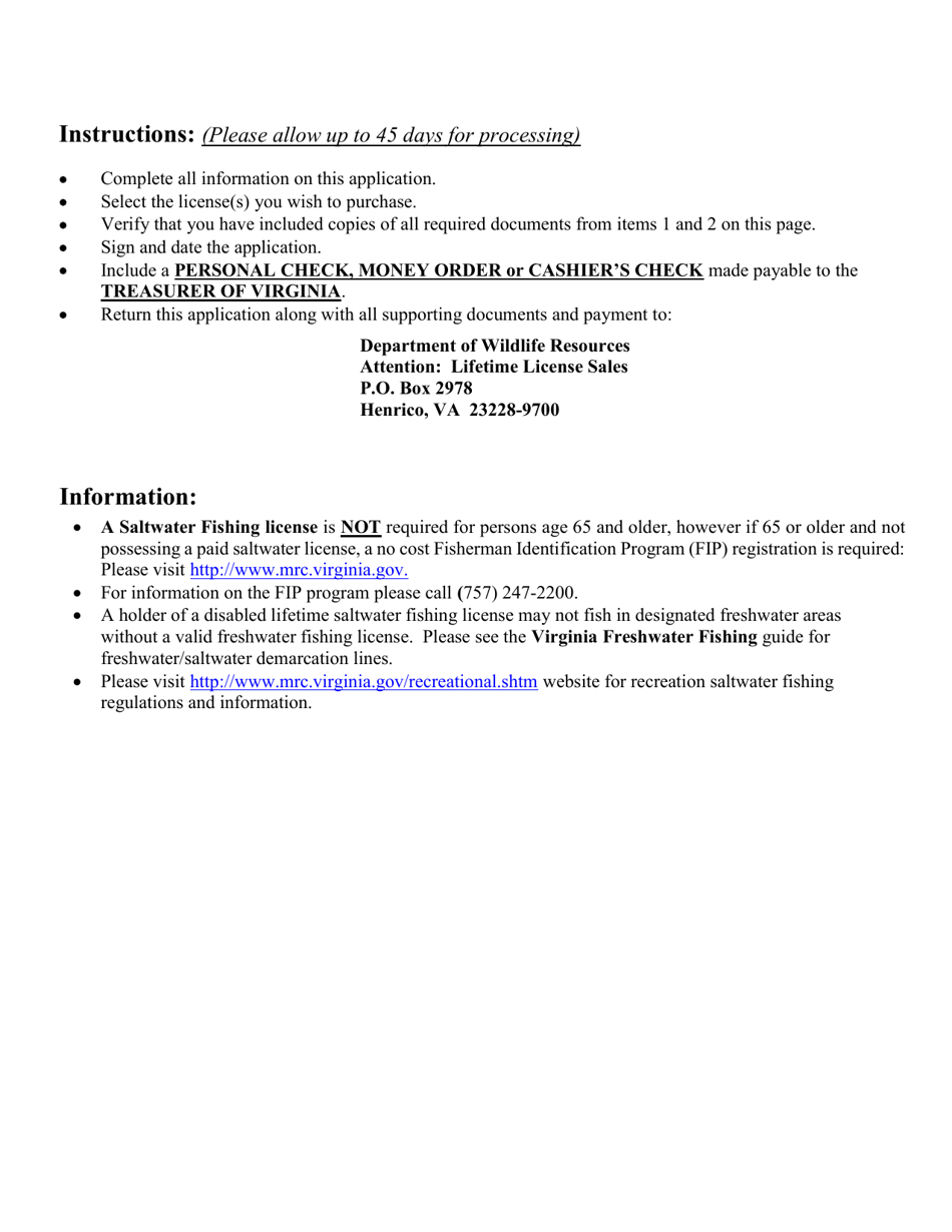Form LTL-DIS0722 Non-resident Disabled Lifetime Saltwater Fishing License Application - Virginia, Page 2