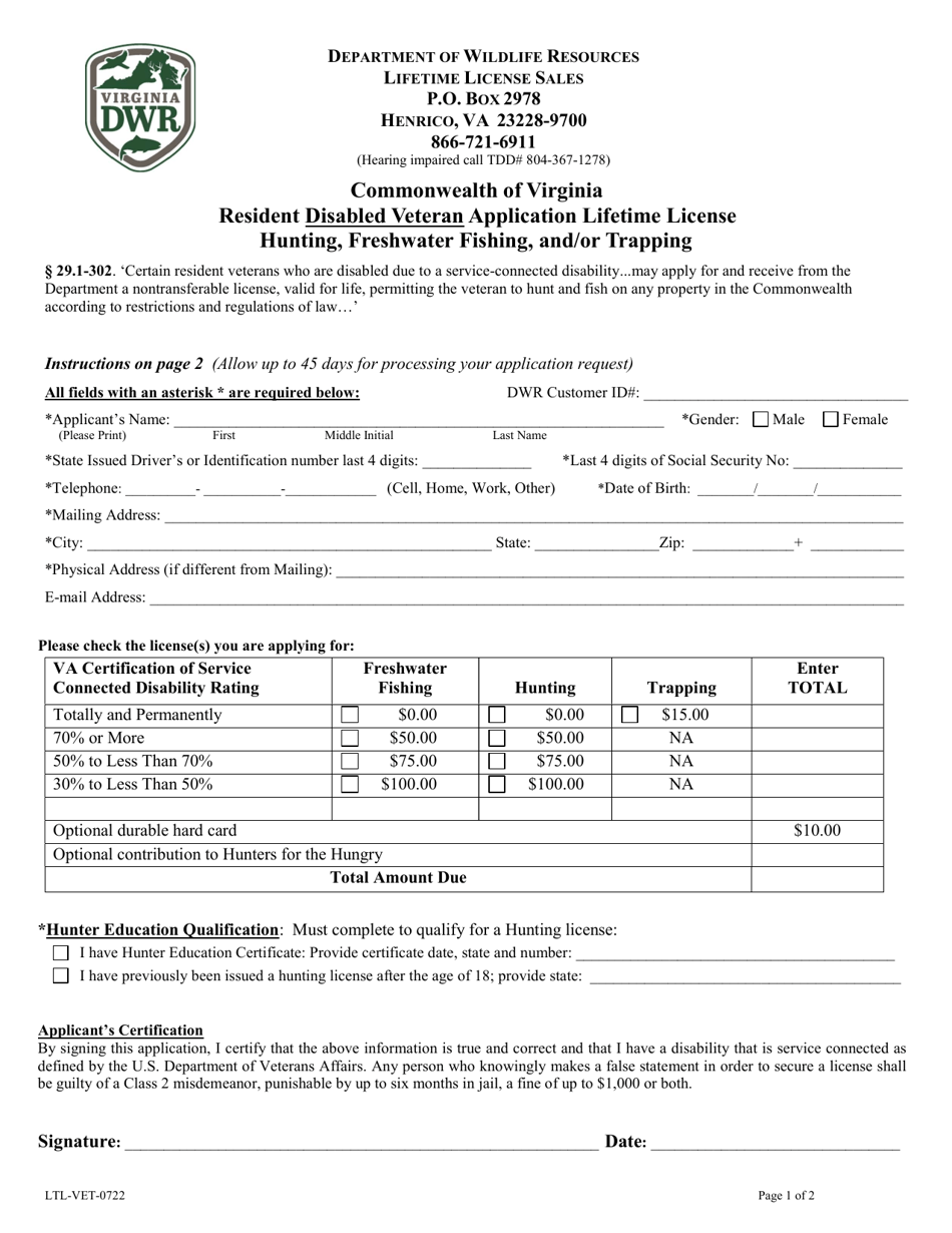 Resident Disabled Veteran Application Lifetime License - Hunting, Freshwater Fishing, and/or Trapping - Virginia, Page 1