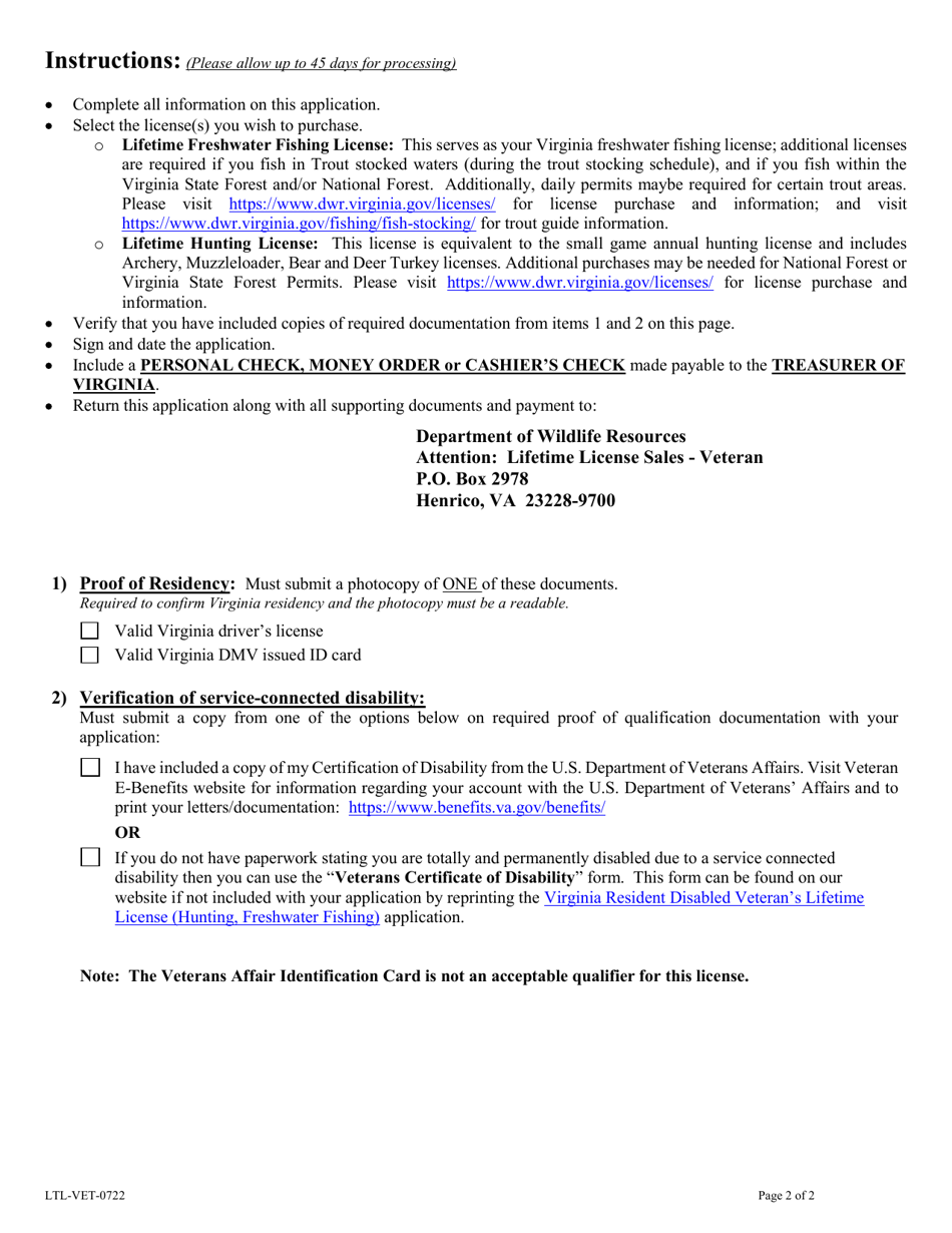 Resident Disabled Veteran Application Lifetime License - Hunting, Freshwater Fishing, and / or Trapping - Virginia, Page 2
