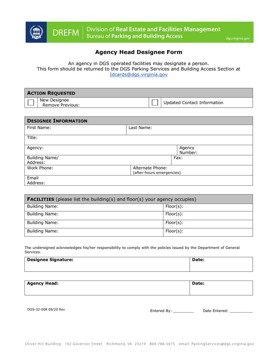 Form DGS-32-008 Agency Head Designee Form - Virginia, Page 1