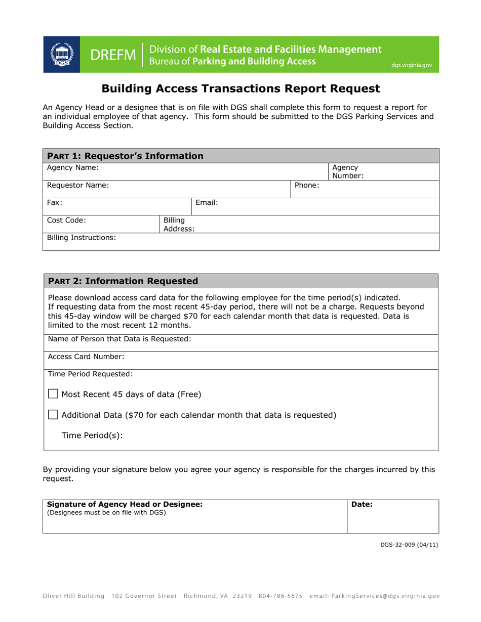 Form DGS-32-009 Building Access Transactions Report Request - Virginia, Page 1