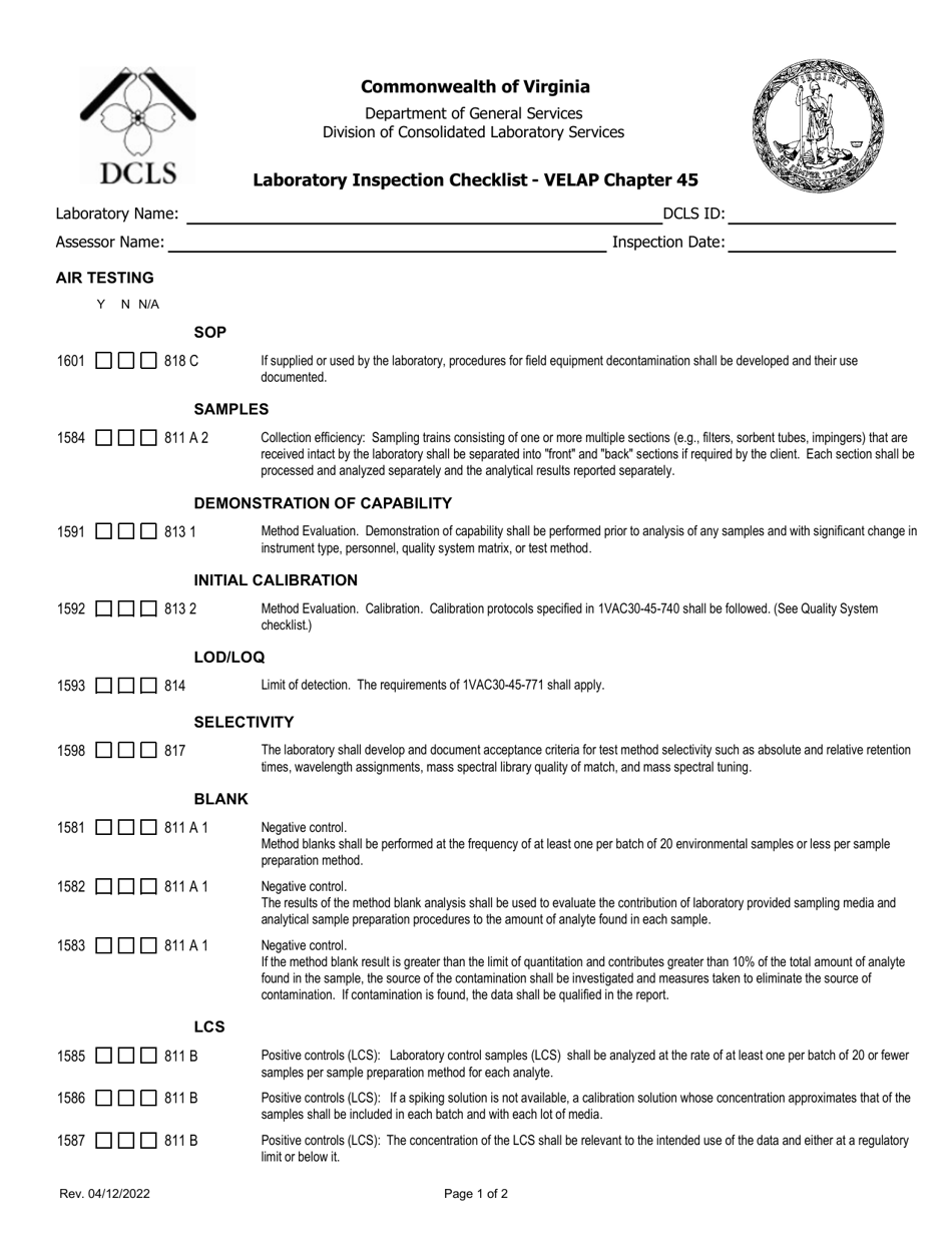 Laboratory Inspection Checklist - Velap Chapter 45 - Air Testing - Virginia, Page 1
