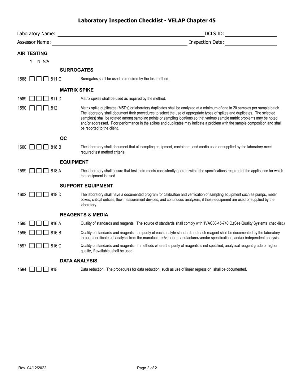 Virginia Laboratory Inspection Checklist - Velap Chapter 45 - Air ...