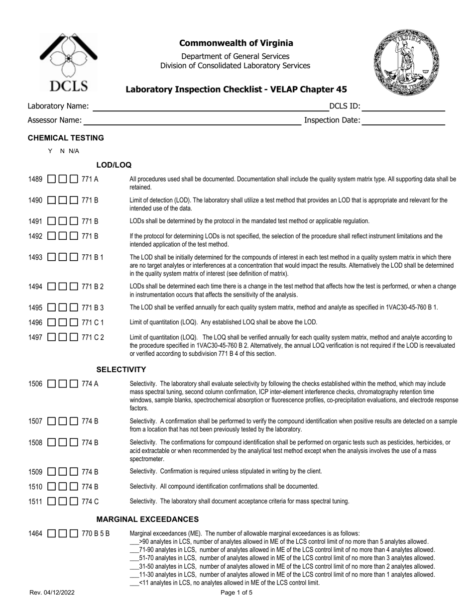 Virginia Laboratory Inspection Checklist Velap Chapter 45 Chemical
