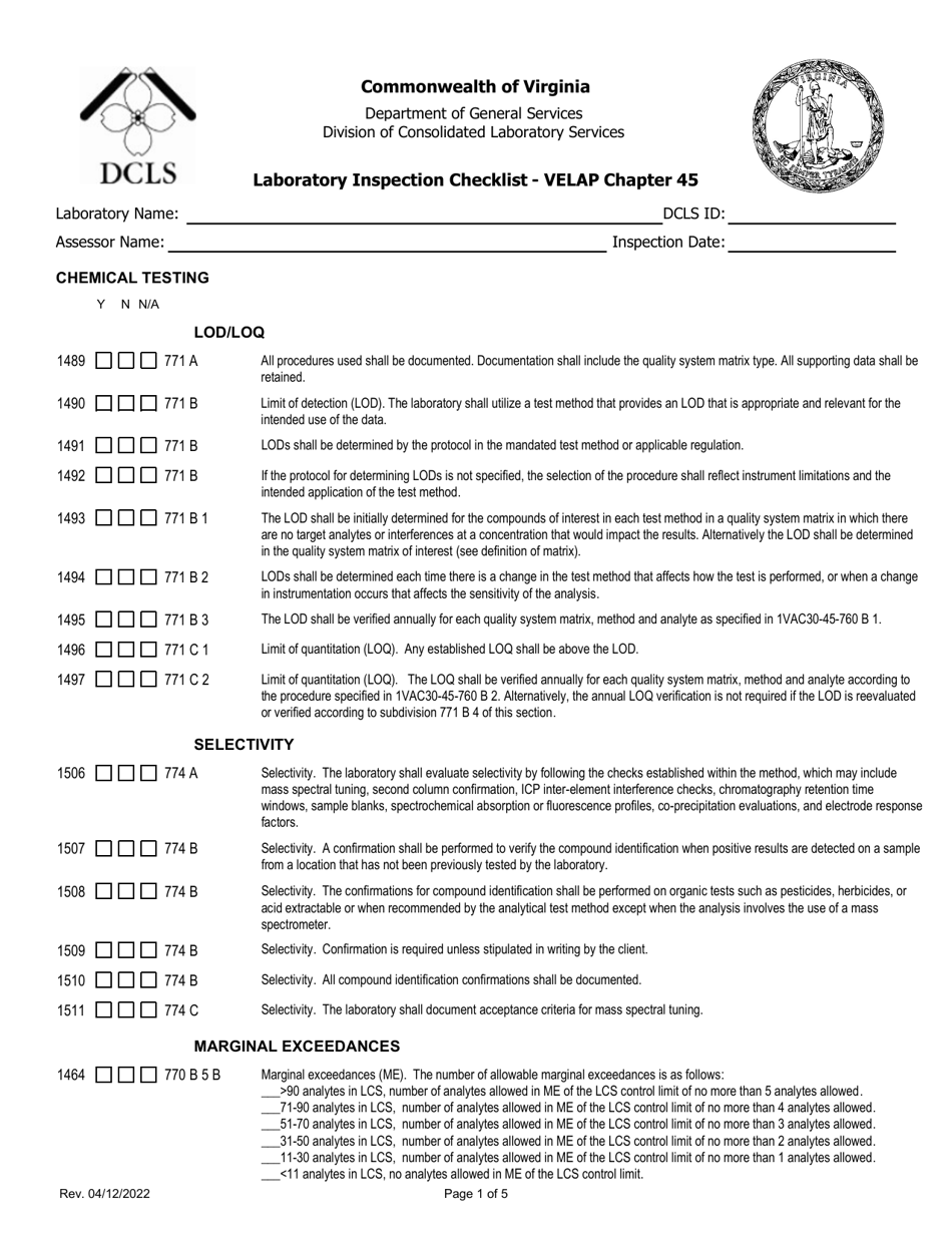 Laboratory Inspection Checklist - Velap Chapter 45 - Chemical Testing - Virginia, Page 1