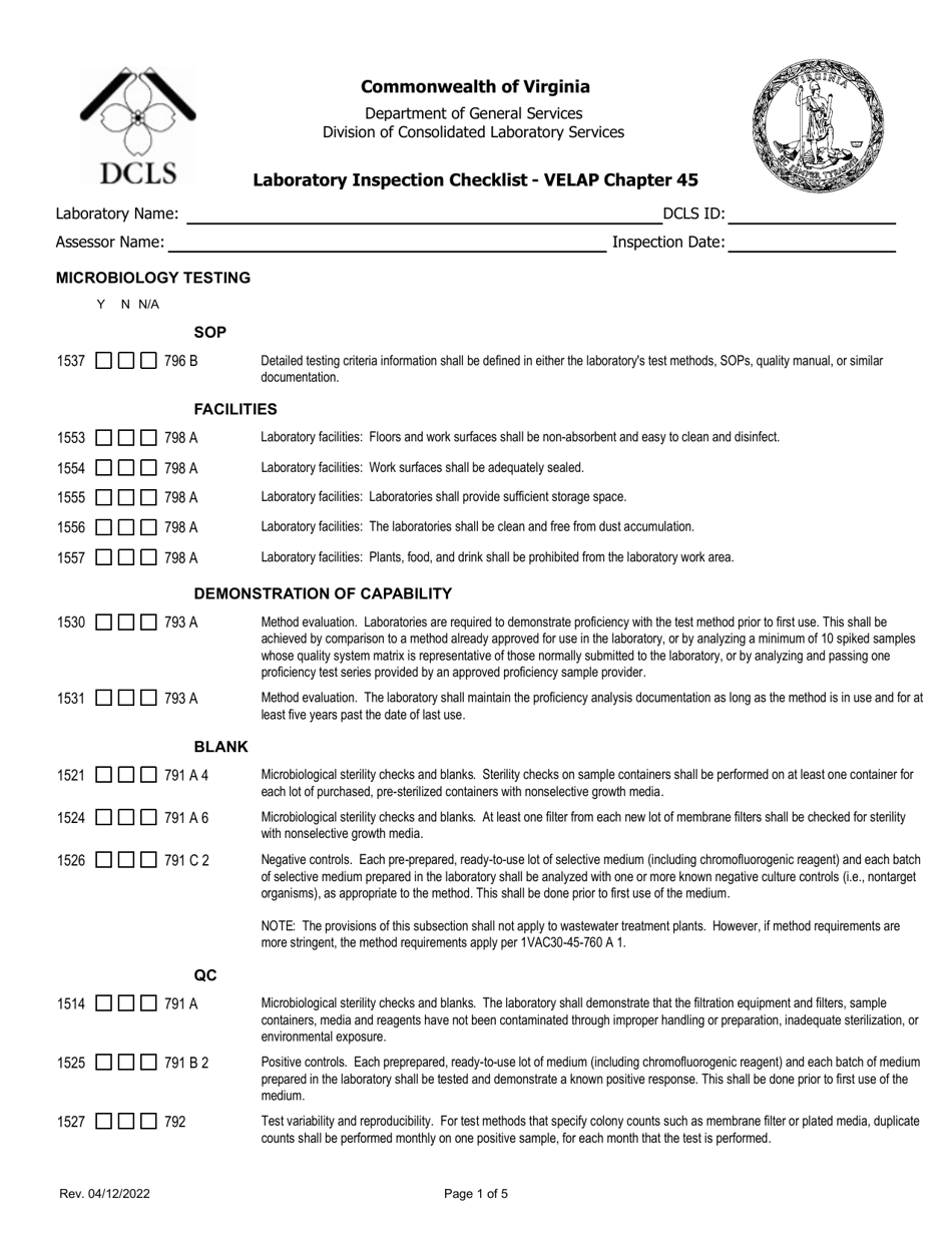 Laboratory Inspection Checklist - Velap Chapter 45 - Microbiology Testing - Virginia, Page 1