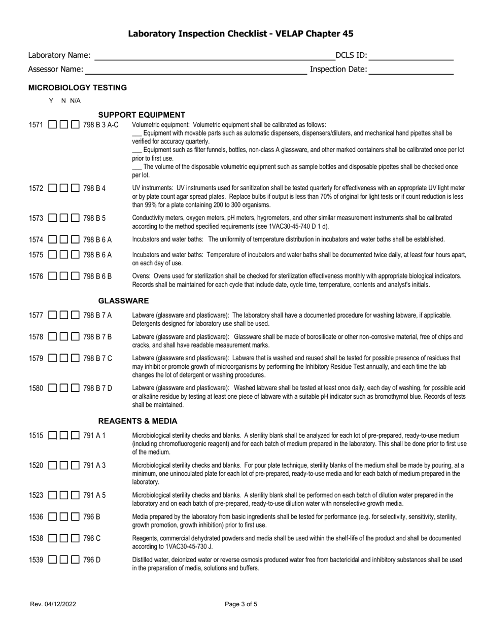Laboratory Inspection Checklist - Velap Chapter 45 - Microbiology Testing - Virginia, Page 3