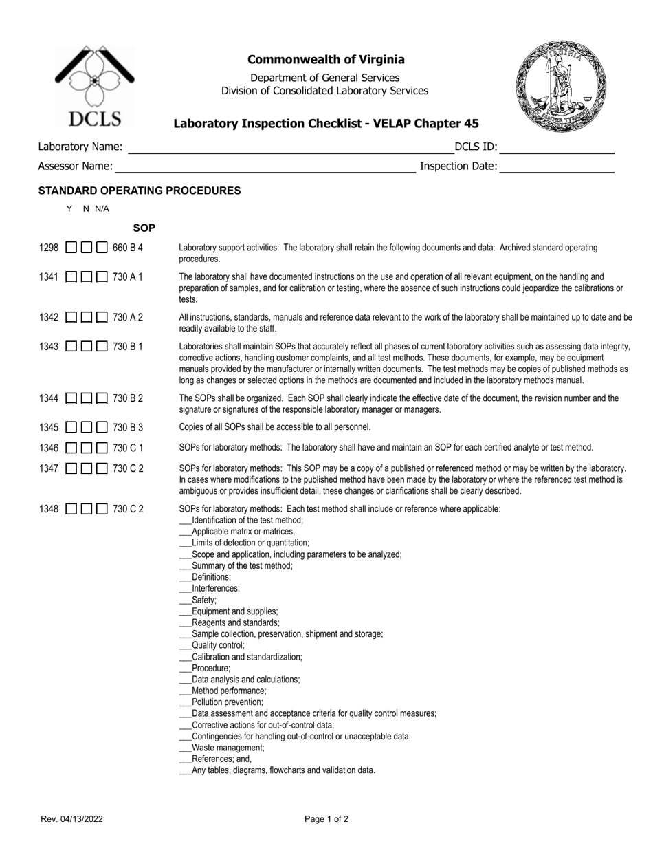 Laboratory Inspection Checklist - Velap Chapter 45 - Standard Operating Procedures - Virginia, Page 1