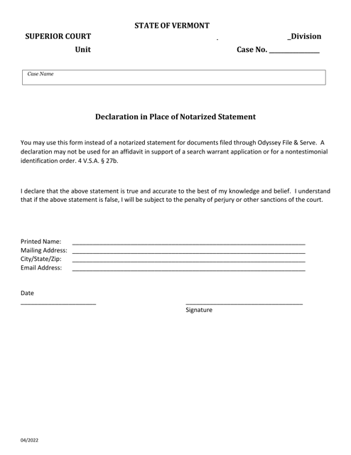 Declaration in Place of Notarized Statement - Vermont Download Pdf