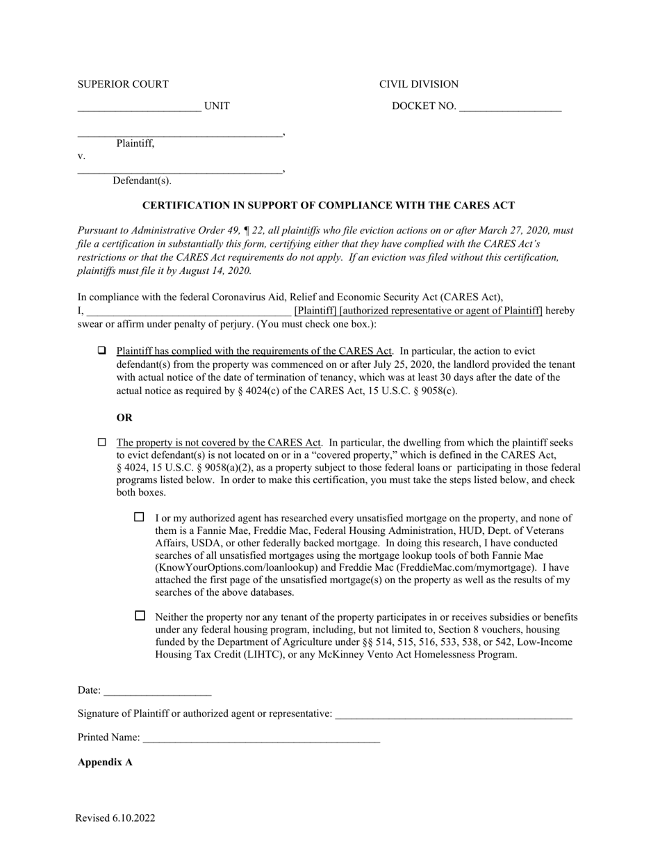 Appendix A Certification in Support of Compliance With the Cares Act - Vermont, Page 1