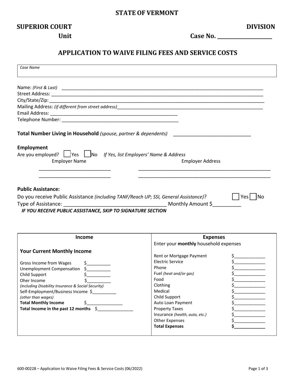 Form 600-00228 Application to Waive Filing Fees and Service Costs - Vermont, Page 1