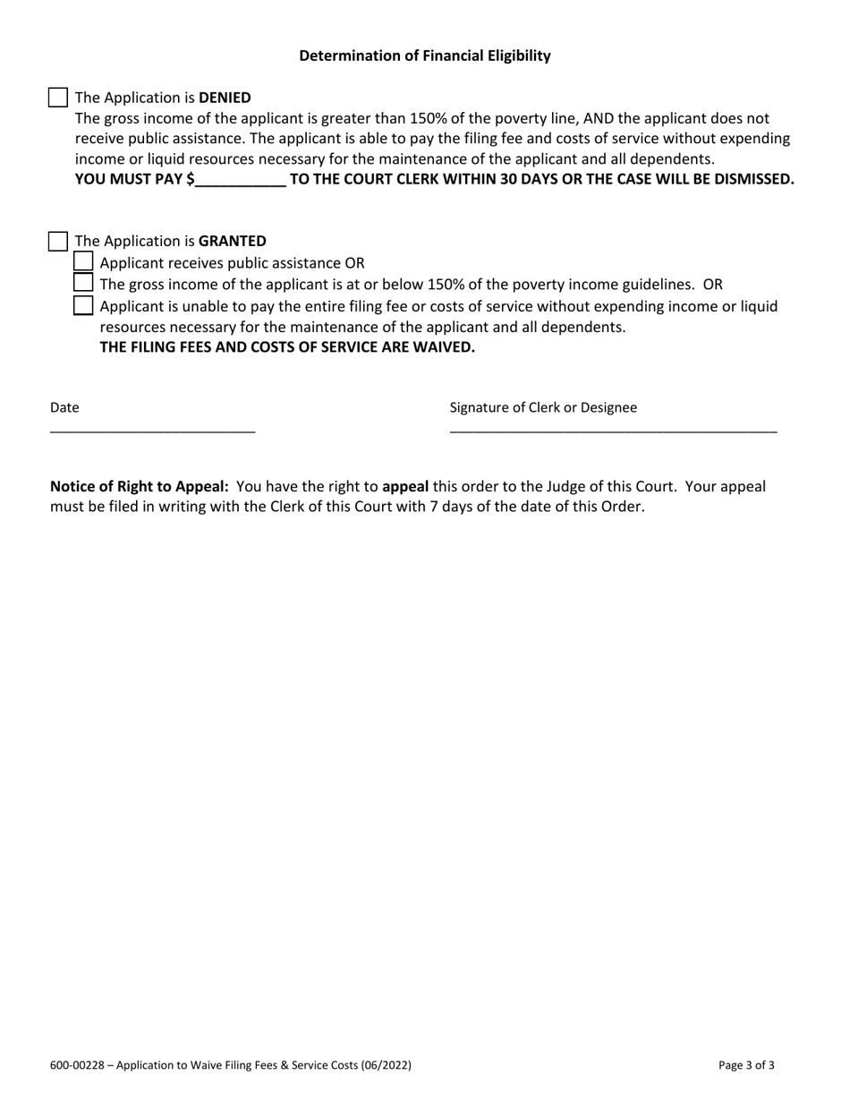 Form 600-00228 Application to Waive Filing Fees and Service Costs - Vermont, Page 3